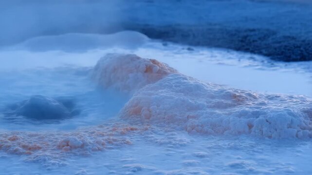 Water bubbling out with mineral-rich content and steam rising in a natural setting featuring geothermal, geological formation, rocky terrain with