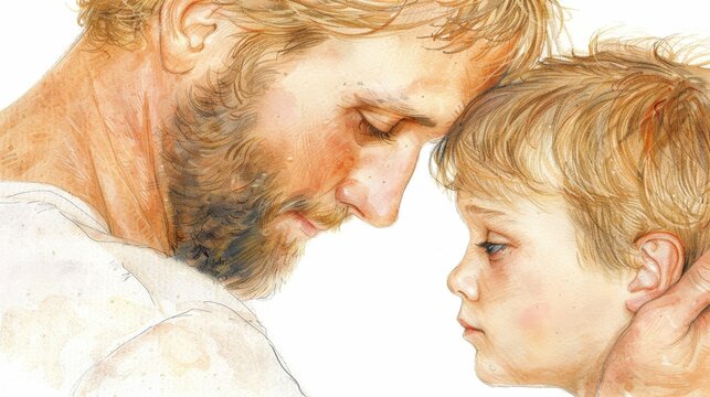 Watercolor illustration depicting a father and son touching foreheads, emphasizing their close bond with soft colors and gentle expressions