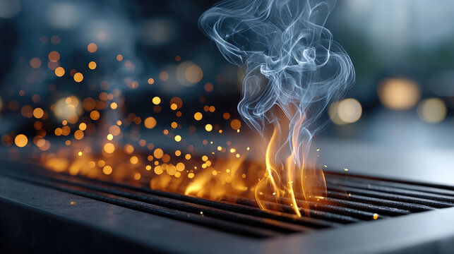 Portable barbecue grill with wooden frame emitting blue smoke and golden sparks, symbolizing grilling, cooking, and outdoor summer party preparations