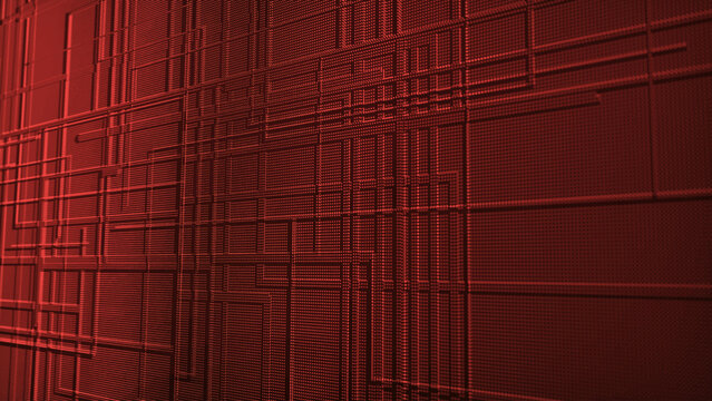 An abstract technological composition of glowing dots and lines forming a complex digital structure. The vibrant geometric grid conveys the atmosphere of high technology, digital systems, and virtual