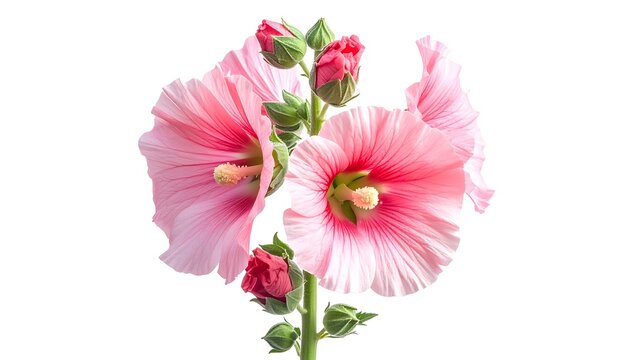 Beautiful Pink Hollyhock Flowers Blooming in Sunlight.