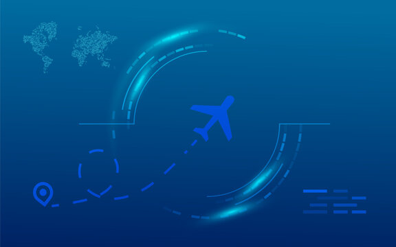 A digital illustration depicting an airplane flying along a dashed route over an abstract world map, representing global logistics, international travel, or aviation technology.