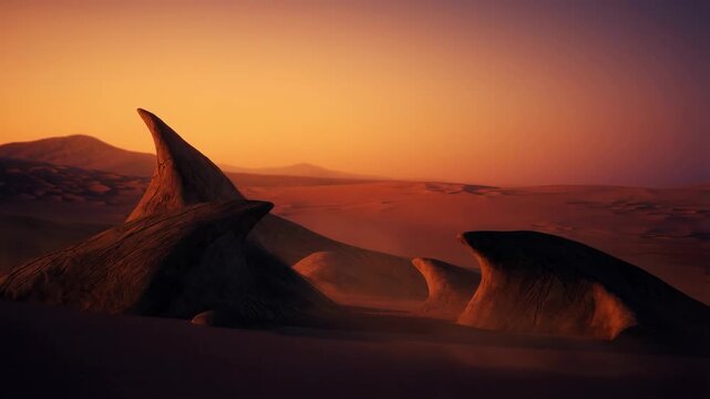 Yardang landscape strange with orange sunset and mountain range featuring desert, erosion, wind with geological and formation elements for unique,
