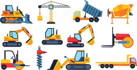 Construction Machinery Flat Icons Set with Excavator Crane Truck Mixer and Heavy Equipment © moklasur121