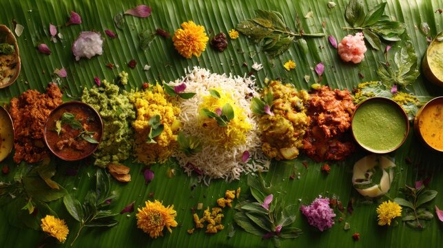 Festive banana leaf spread of rice and assorted curries for onam sadhya and traditional south indian feast background and menu design