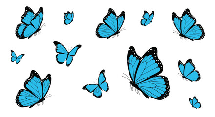 A collection of vibrant blue butterflies scattered across a white background © Shila Rani Saha