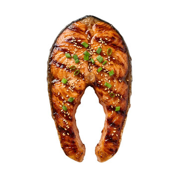 Grilled Salmon Steak and Fish Fillet Isolated on White Background | Healthy BBQ Seafood, Fresh Gourmet Protein Meal