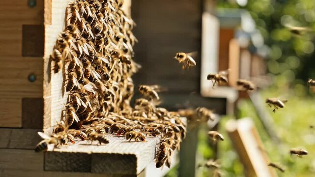 Busy Beehive Entrance Swarming with Honeybees in Sunlight.