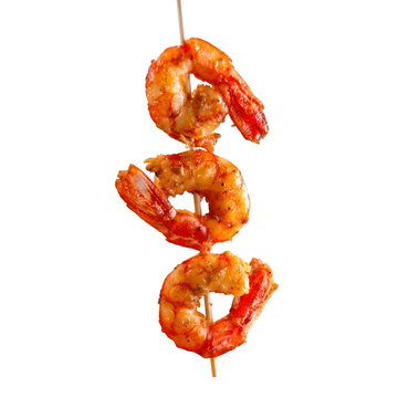 Grilled Shrimp Skewer Isolated on White Background &ndash; Juicy Barbecue Seafood Prawn Kabob, Flame Grilled Gourmet Appetizer with Fresh Coastal Cuisine Style