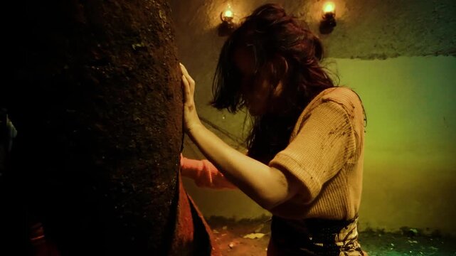 Woman's Desperate Prayer and Ritual Dance by a Tree at Night