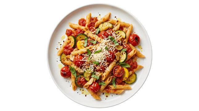 Fresh Tomato Zucchini Pasta &ndash; Healthy Vegetarian Italian Pasta Dish Isolated on White Background, Close-Up Gourmet Food Photography