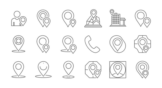 Collection of minimalist line icons representing location people and communication concepts in a clean design