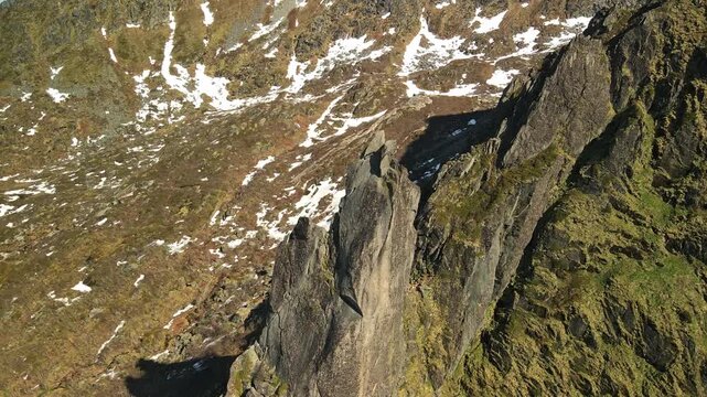 Aerial images of Djevelporten in the town of Svolvaer, Lofoten, Norway, drone footage, 4k 30fps