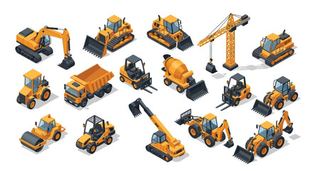 Isometric illustration depicting various construction vehicles and machinery © Baby Collection