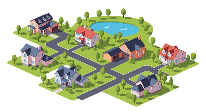 Isometric illustration of a colorful suburban neighborhood with houses and a pond