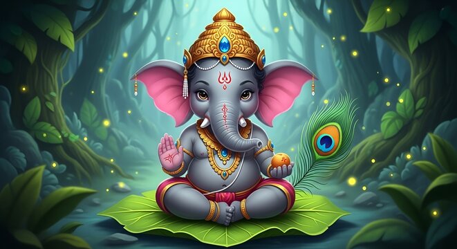 Cute Ganesha sitting on the leaf. Illustration for Ganesha Chaturthi, Diwali, Sankashti Chaturthi, Gudi Padwa< Vinayak Chaturthi, Magha Ganapati holiday