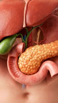 Human liver, pancreas, gallbladder, and duodenum anatomy illustration, suitable for medical education, healthcare research, biological study, and anatomy lessons.
