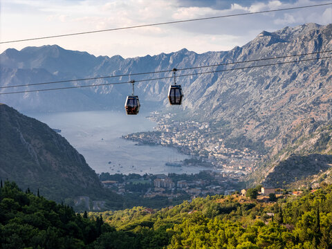 Cable car in Bay of Kotor, Montenegro, aerial shot