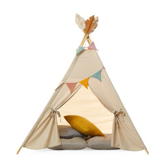 Stylish wigwam for child's room with pillows isolated on white © New Africa