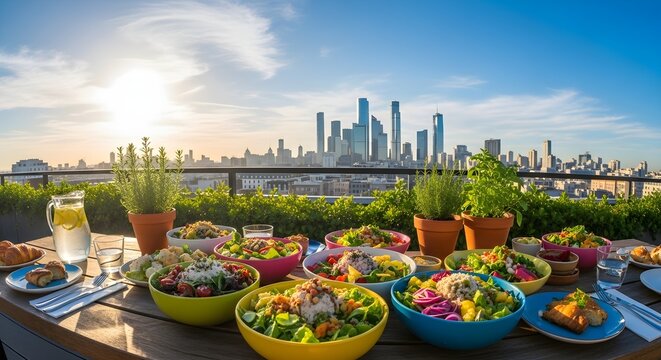 Vibrant outdoor dining setup with city skyline and colorful bowls of food