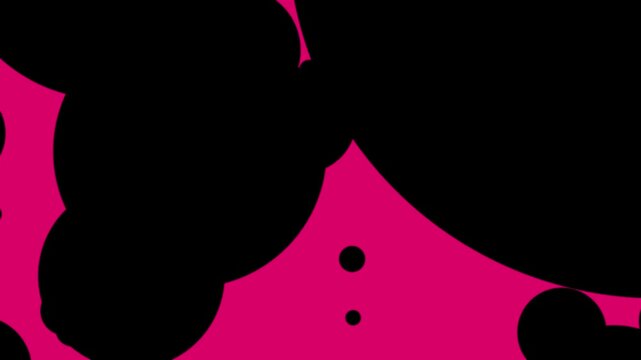 Abstract graphic animation of moving black circles and blobs on a bright pink background