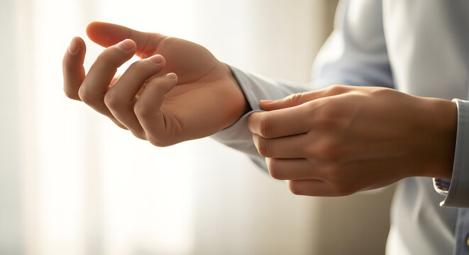 Close up of man in formal shirt adjusting his cufflink or sleeve