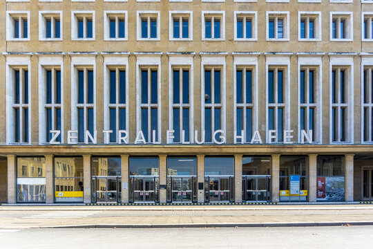 Berlin, Germany - March 21, 2026: Monumental Limestone Facade of the Historic Tempelhof Airport Terminal featuring the Zentralflughafen Sign and Symmetrical Architectural Design
