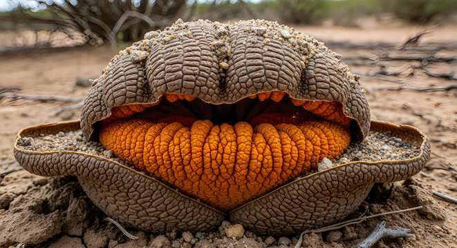 A close-up of a Titan Arum flower blooming in the desert with its distinctive orange interior and brown exterior.