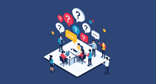 Isometric business meeting illustration showing a team of people sitting at tables surrounded by numerous question mark bubbles.