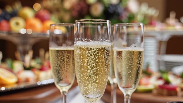 Champagne Glasses Filled With Bubbly Liquid Ready For Celebration.