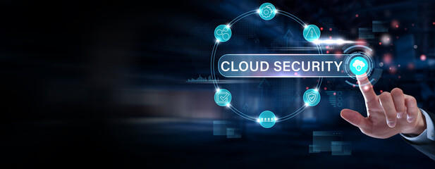 Fototapeta premium Businessman finger pointing on security dashboard for cloud security, data protection system, cybersecurity risk management, secure cloud infrastructure and information security concept
