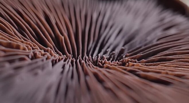 Extreme Macro Closeup Showing Detailed Textured Radial Brown Mushroom Gill Structures