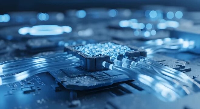 Macro close up of glowing electronic circuit board with light data signals flowing through connections