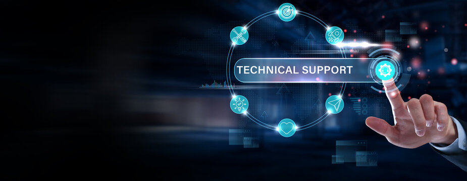 Businessman finger pointing on technical support interface, IT helpdesk dashboard, ticket resolution system, customer issue management and service efficiency concept