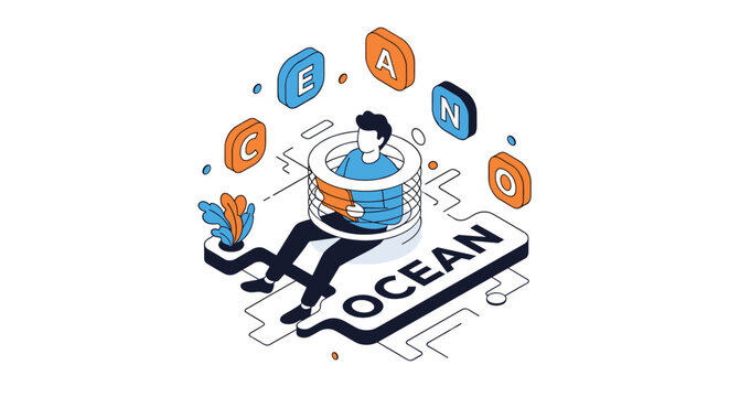 Isometric illustration of a man sitting inside a technological ring of data servers labeled with the word ocean for big data.