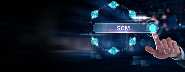 Fototapeta premium Businessman finger pointing on SCM dashboard, supply chain management system, logistics optimization interface, inventory control and distribution efficiency concept
