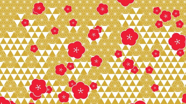Red plum blossoms falling over golden traditional Japanese geometric patterns
