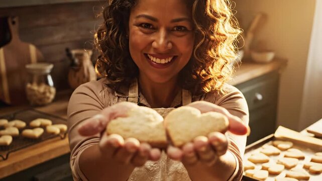 A smiling woman with curly hair wearing a flour-dusted apron holds two heart-shaped cookies in her cupped hands in a warm kitchen setting with baking trays in the background.