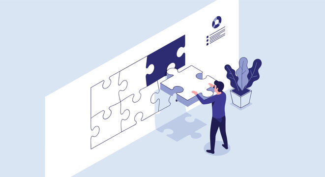 Successful businessman in a dark suit placing the final large piece into a white jigsaw puzzle wall in an office setting.