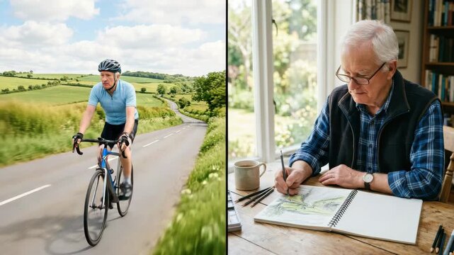 A man rides his bike on a green road while another man sketches plants at his table