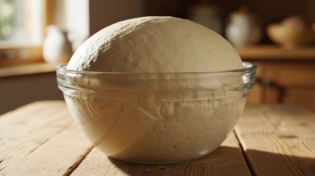 Dough rising in a glass bowl on a wooden table, showing fermentation process
