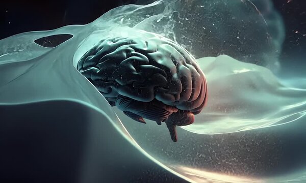 A futuristic illustration of a human brain emerging from a glowing abstract entity in a dark space.