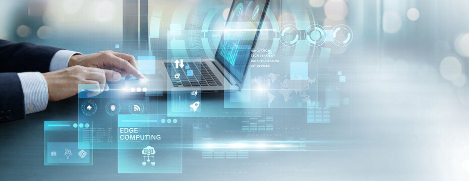 Businessman using laptop to analyze and control edge computing data. real-time processing dashboard, IoT network system, low latency computing, smart technology concept