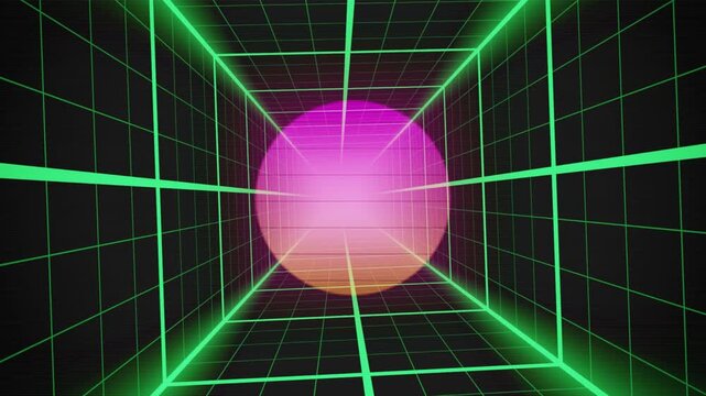 Retro neon green grid tunnel moving towards a glowing pink synthwave sun