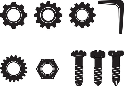 Black silhouette of gears nuts bolts and hex wrench on white background also transparent background