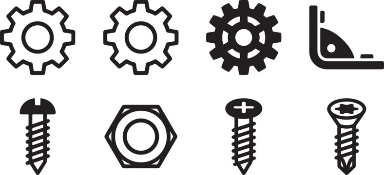 Collection of black line depicting gears screws and a corner bracket also transparent background silhouette