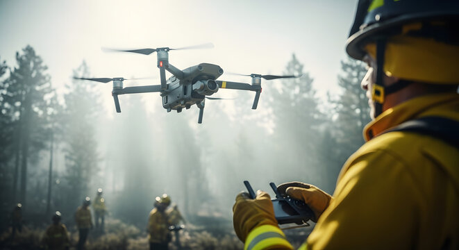 Firefighter operating drone for aerial surveillance isolated on transparent background, forest fire monitoring.
