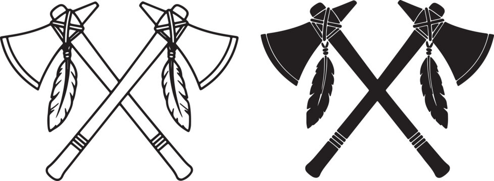 Two crossed tomahawks with feathers and banded handles in outline and silhouette also transparent background