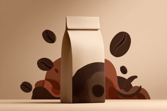 Coffee bag with floating beans on a brown abstract background