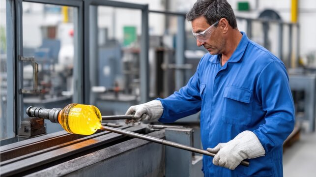 Male glassblower in blue work uniform shaping molten glass with metal rods in a glass manufacturing workshop, industrial equipment visible in the background